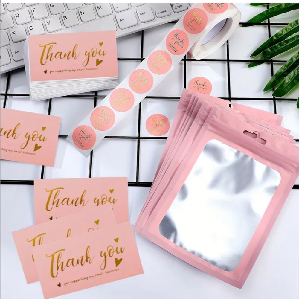 50 Thank You Card 500 Golden Foil Stickers 30 reusable bag (Pink)
